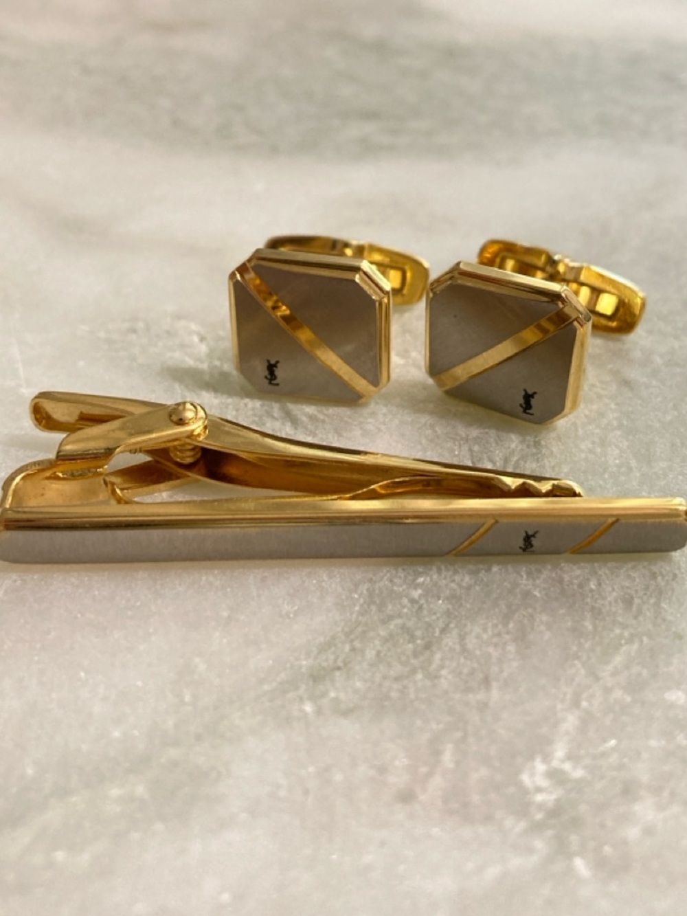 YSL Vintage Cuff Links & Tie Clip Set